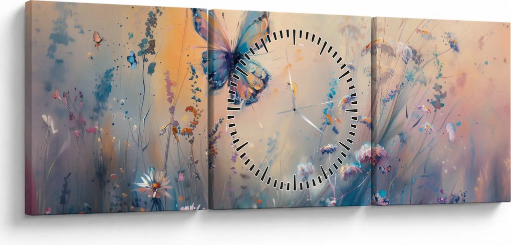 Obraz - Lúka s motýľom II. (s hodinami) (90x30 cm)