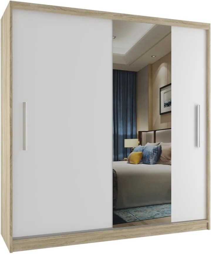 Šatní skříň s bílými posuvnými dveřmi úzkým zrcadlem šířka 158 cm dub sonoma korpus S dojezdem