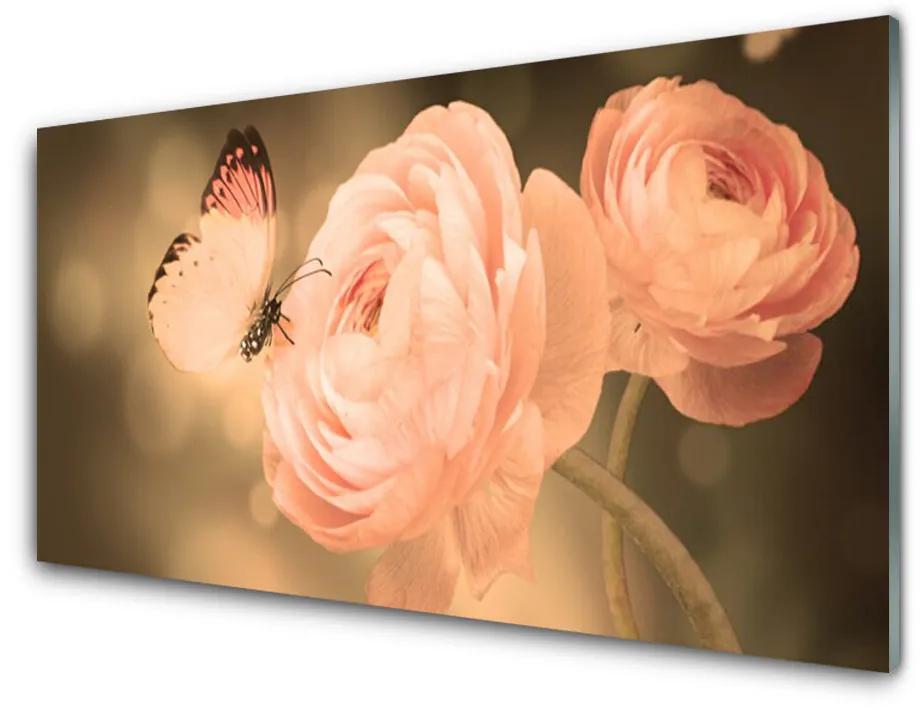 Skleneny obraz Motýľ ruže príroda 140x70 cm