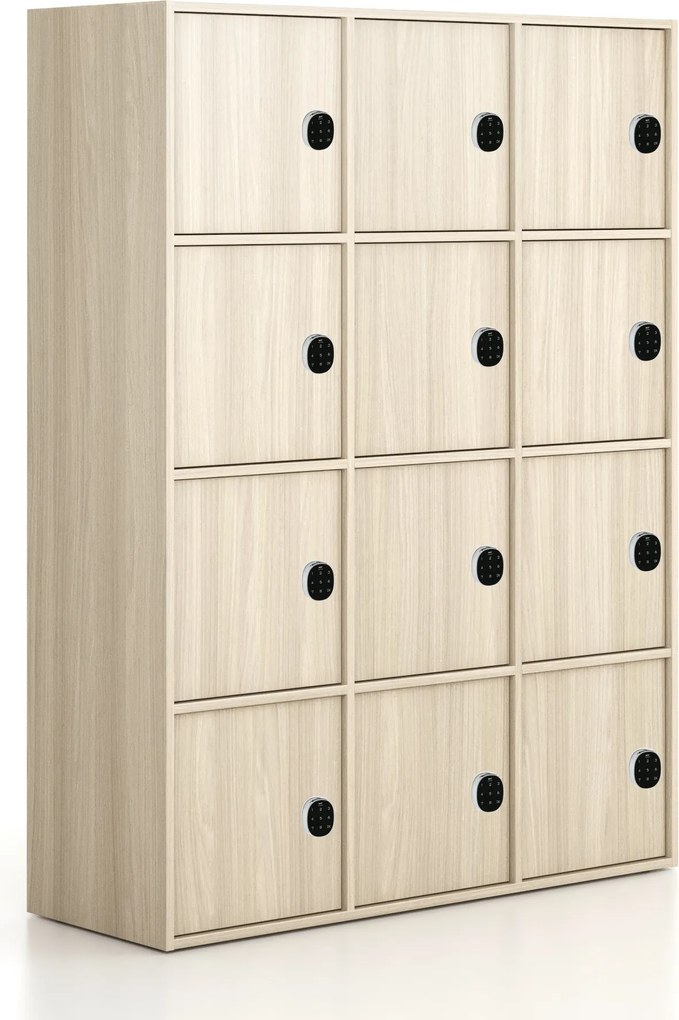 Kancelárska skriňa FRAME, 12x dvere, 1299 x 450 x 1735 mm, kódový zámok, dub prírodný