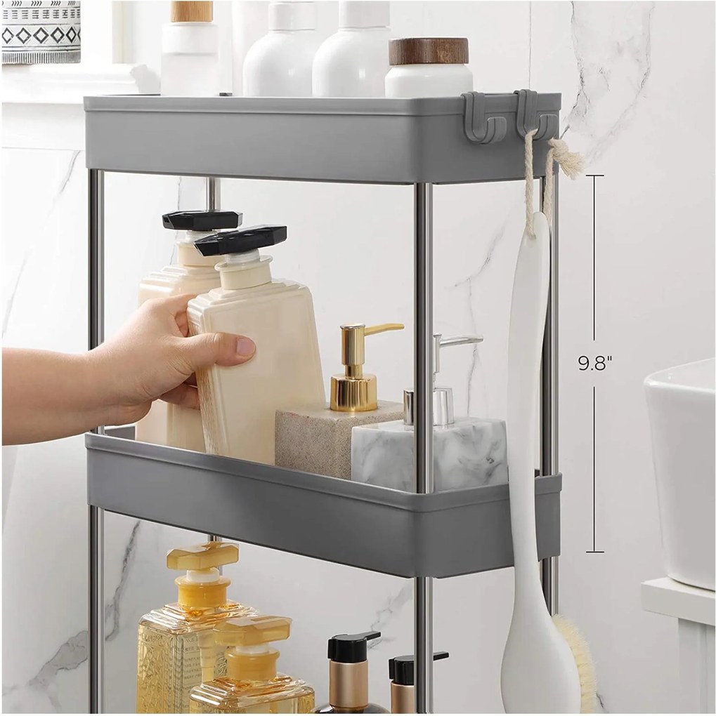 4-úrovňový úzky úložný vozík, regál na kolieskach, sivý