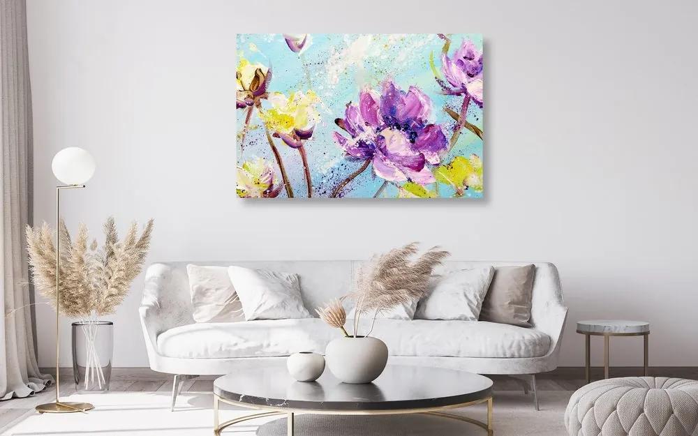 Obraz maľované fialové a žlté kvety