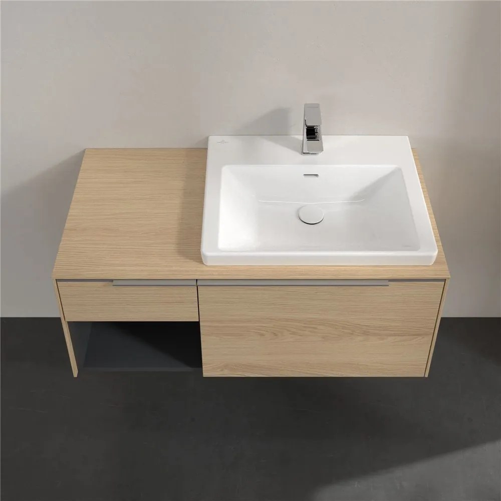 VILLEROY &amp; BOCH Subway 3.0 závesná skrinka pod umývadlo (umývadlo vpravo), 2 zásuvky + regálový prvok, s LED osvetlením, 1001 x 516 x 422,5 mm, Nordic Oak, C571L0VJ