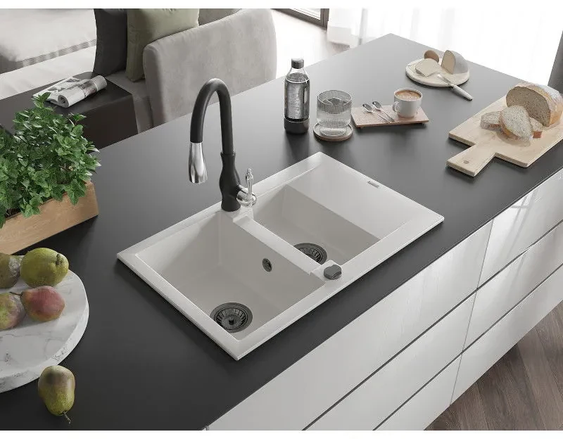 Mexen Gaspar, 1,5-komorový granitový drez 737x475x177 mm a drezová batéria Savita, biela, 6507-20-672601-70