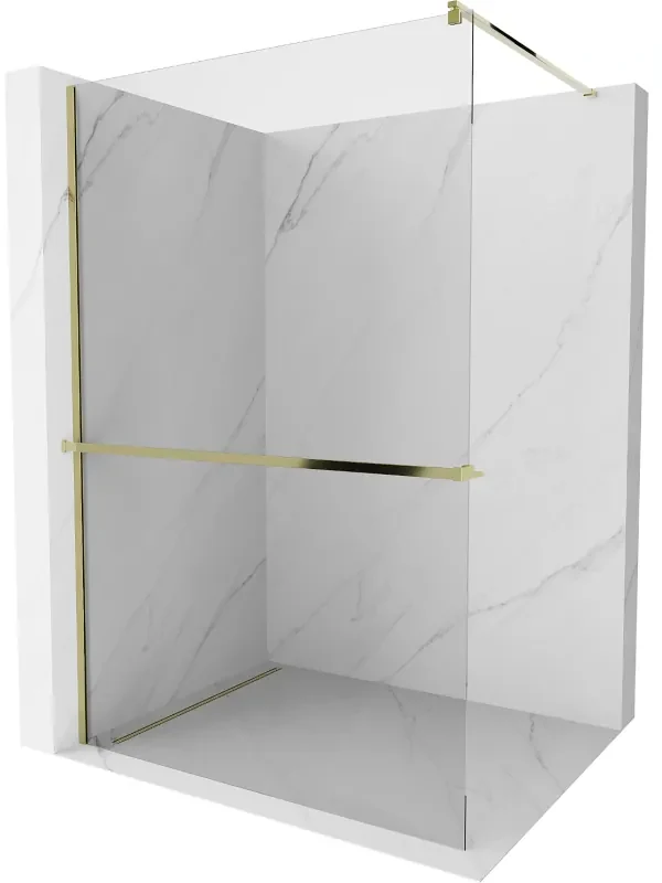 Mexen Kioto, sprchová zástena Walk-In Walk-in 125 x 200 cm, 8mm číre sklo, zlatý lesklý profil + vešiak na uteráky s poličkou, 800-125-121-50-00