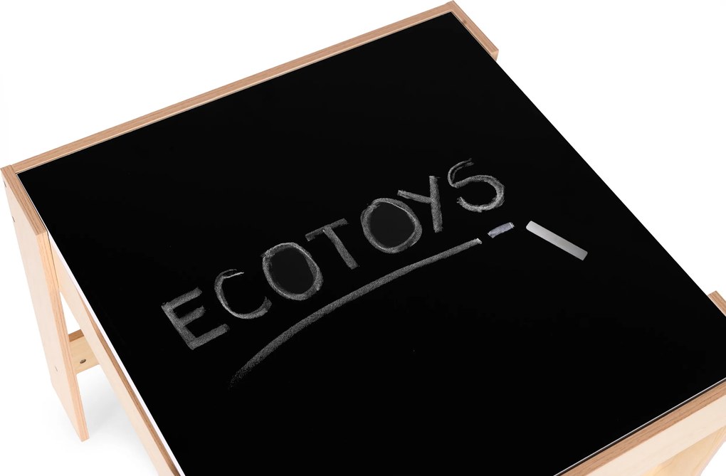 Detský set nábytku ECOTOYS – stôl s kriedovou tabuľou + 2 stoličky a úložný priestor