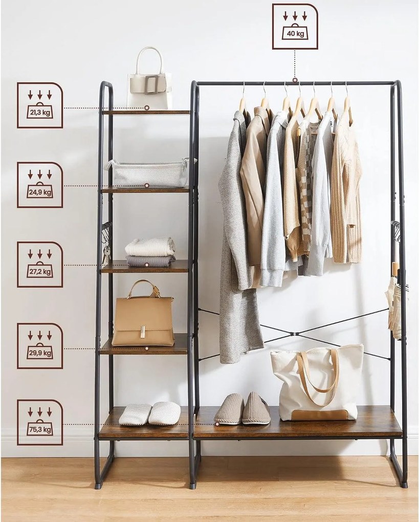 Stojan na šaty s 5 policami a háčikmi, rustikálny hnedý