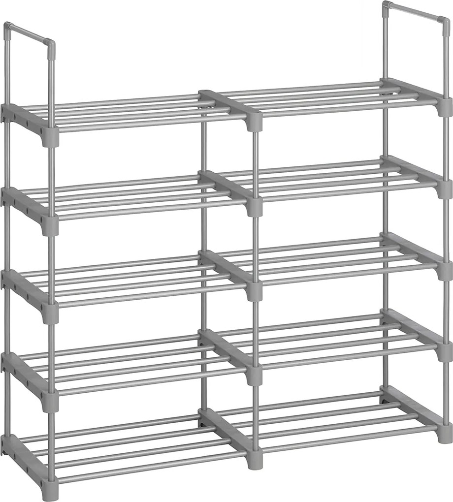 Veľký 10-policový kovový stojan na topánky, botník, sivý