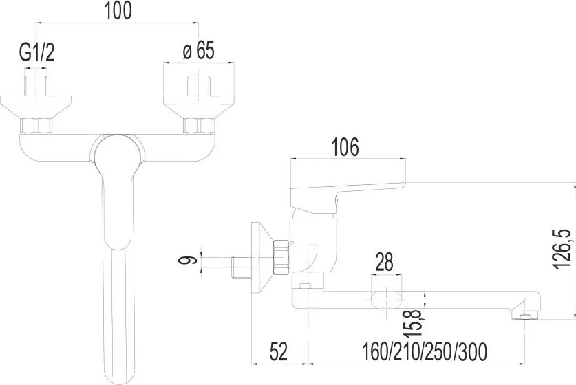 Mereo, Mereo Drezová nástenná batéria, Zuna, 100 mm, s ramienkom plochým rovným 300 mm, chróm, MER-CB302A06Z