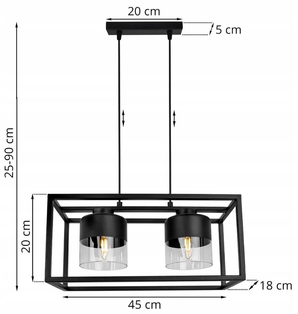 Závesné svietidlo Roma cage, 2x čierne/transparentné sklenené tienidlo v kovovom ráme