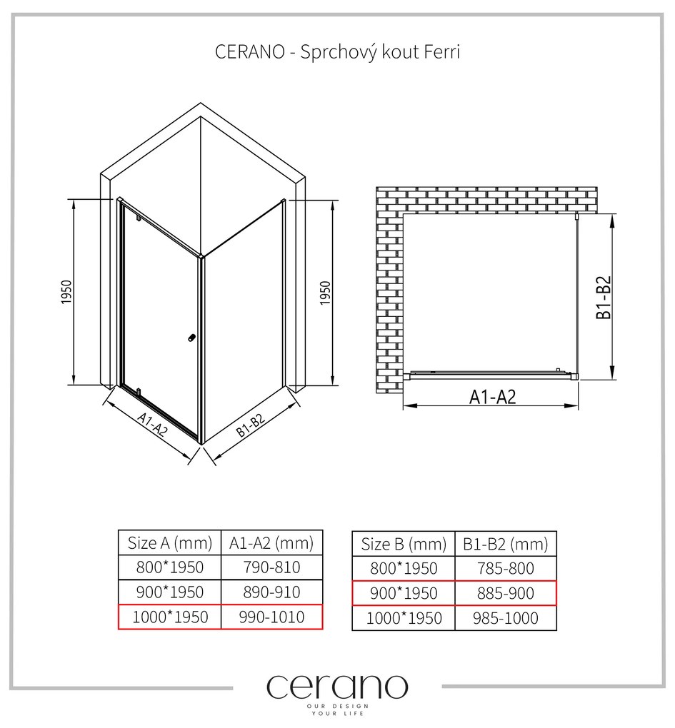 Cerano Ferri, krídlový sprchovací kút 100(dvere) x 90(stena) x 195 cm, 6mm číre sklo, čierny profil, CER-CER-427492