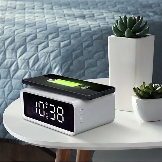 Solight CA07W - Digitálne hodiny s bezdrôtovou nabíjačkou Qi 230V/CR2032 biela