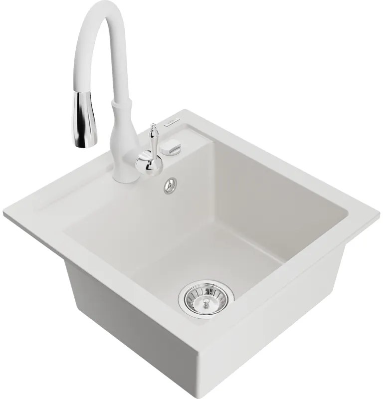 Mexen Vito, 1-komorový granitový drez 520x490x210 mm a drezová batéria Savita, biela, 6503-20-672601-20