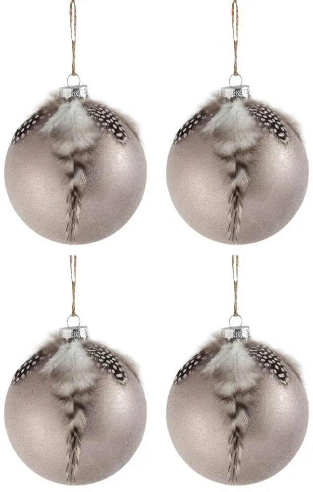 4ks vianočné šedá antk sklenená ozdoba s pierkami - Ø 10 cm