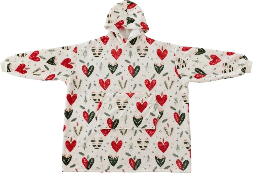 Baránková mikinová deka s rukávmi a kapucňou WINTER HEARTS, farebná