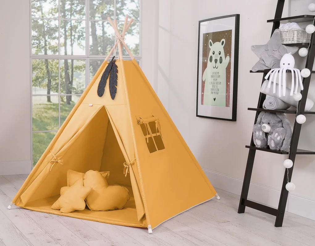 Bobono Stan Teepee pre deti + podložka na hranie + ozdobné pierka - medovo žltá