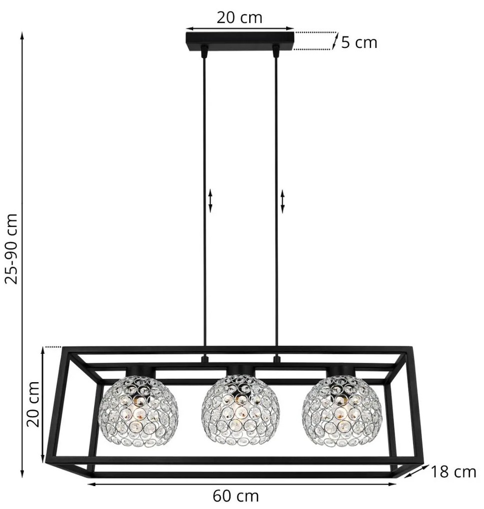 Závesné svietidlo Crystal Cage, 3x strieborné krištáľové tienidlo v kovovom ráme