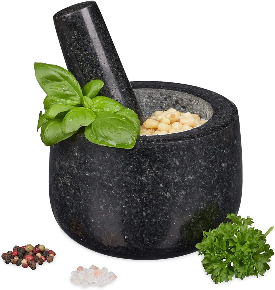 Masívny žulový mažiar s tĺčikom Relaxdays RD9957 (12 cm) – čierna prírodná žula