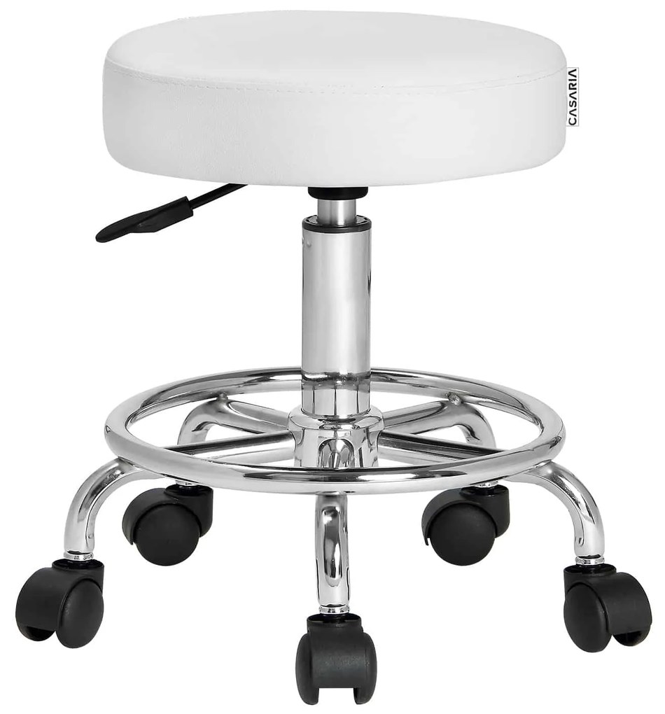 Casaria Taburetka na kolieskach, biela koženka, otočná 360°, opierka na nohy