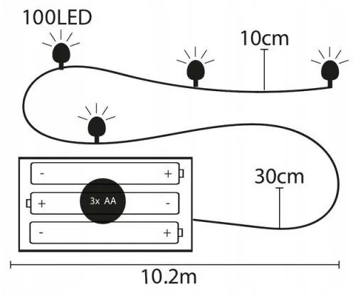 SPRINGOS LED reťaz Nano - 10m, 100LED, 8 funkcií, ovládač, 3xAA, IP44, teplá biela
