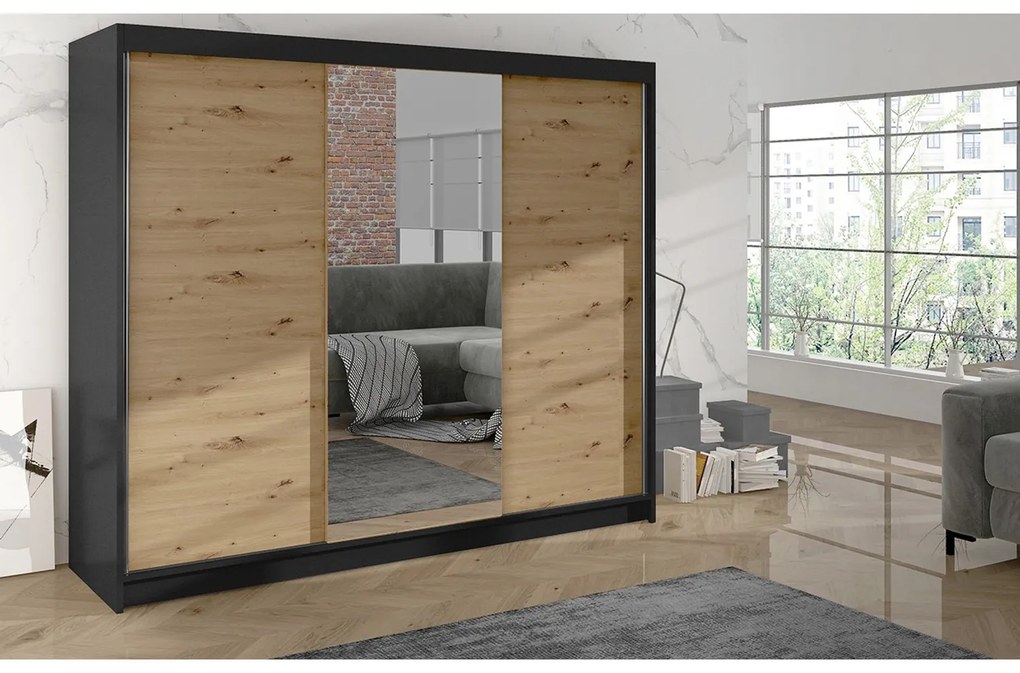 Šatníková skriňa DERBY I - 200 cm Čierna/dub artisan