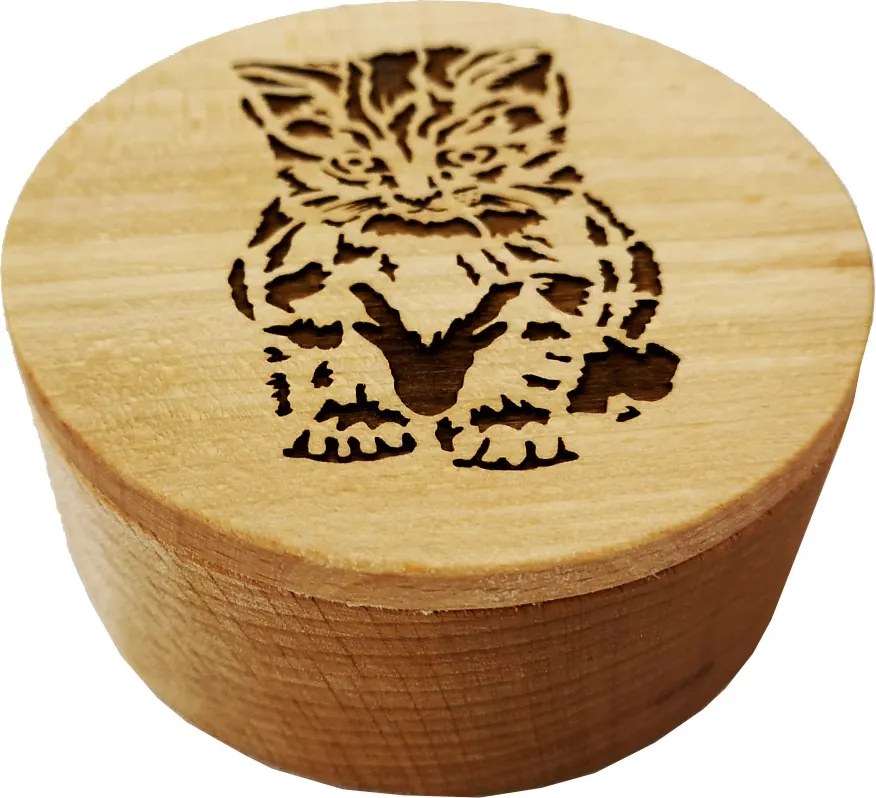 AMADEA Drevená krabička guľatá mačka, masívne drevo, 8 cm, český výrobok