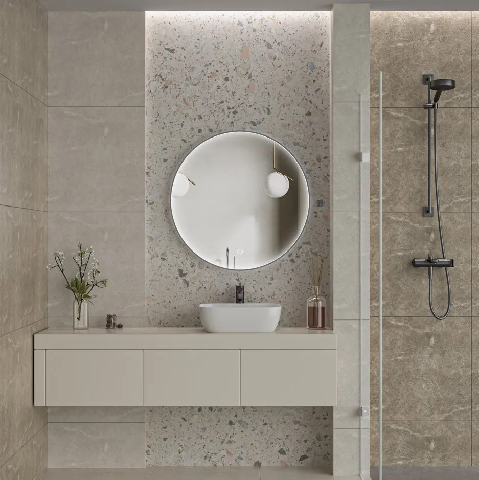 Erga Charlotte, okrúhle LED zrkadlo 80cm, čierny kovový rám, 1840 lm, 6500K, predné bočné osvetlenie, ERG-V01-204-8080-BK