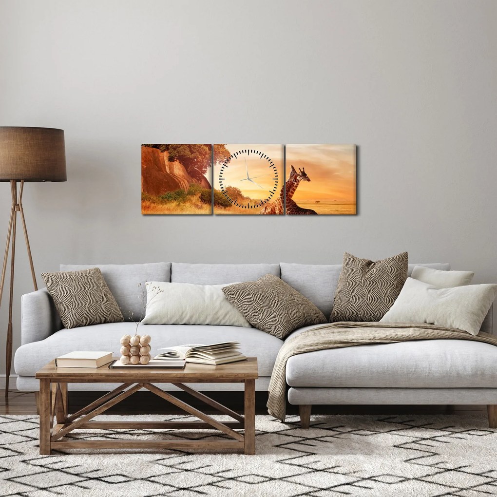 Obraz - Žirafy v Afrike (s hodinami) (90x30 cm)