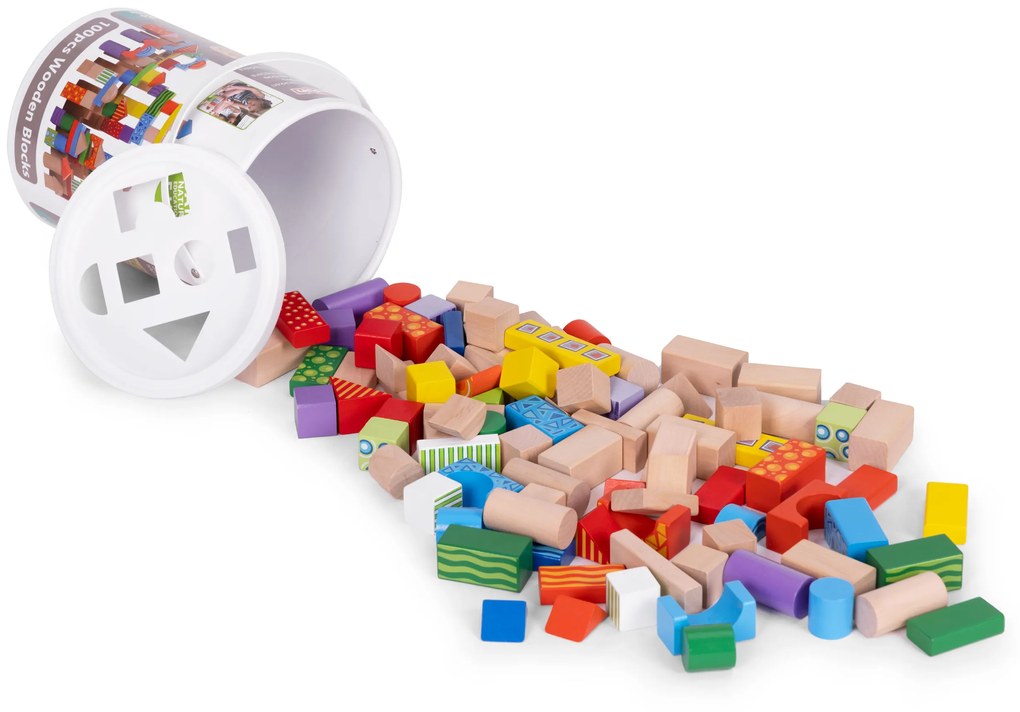 Drevené kocky vo vedierku so sorterom, 100 ks ECOTOYS 2003