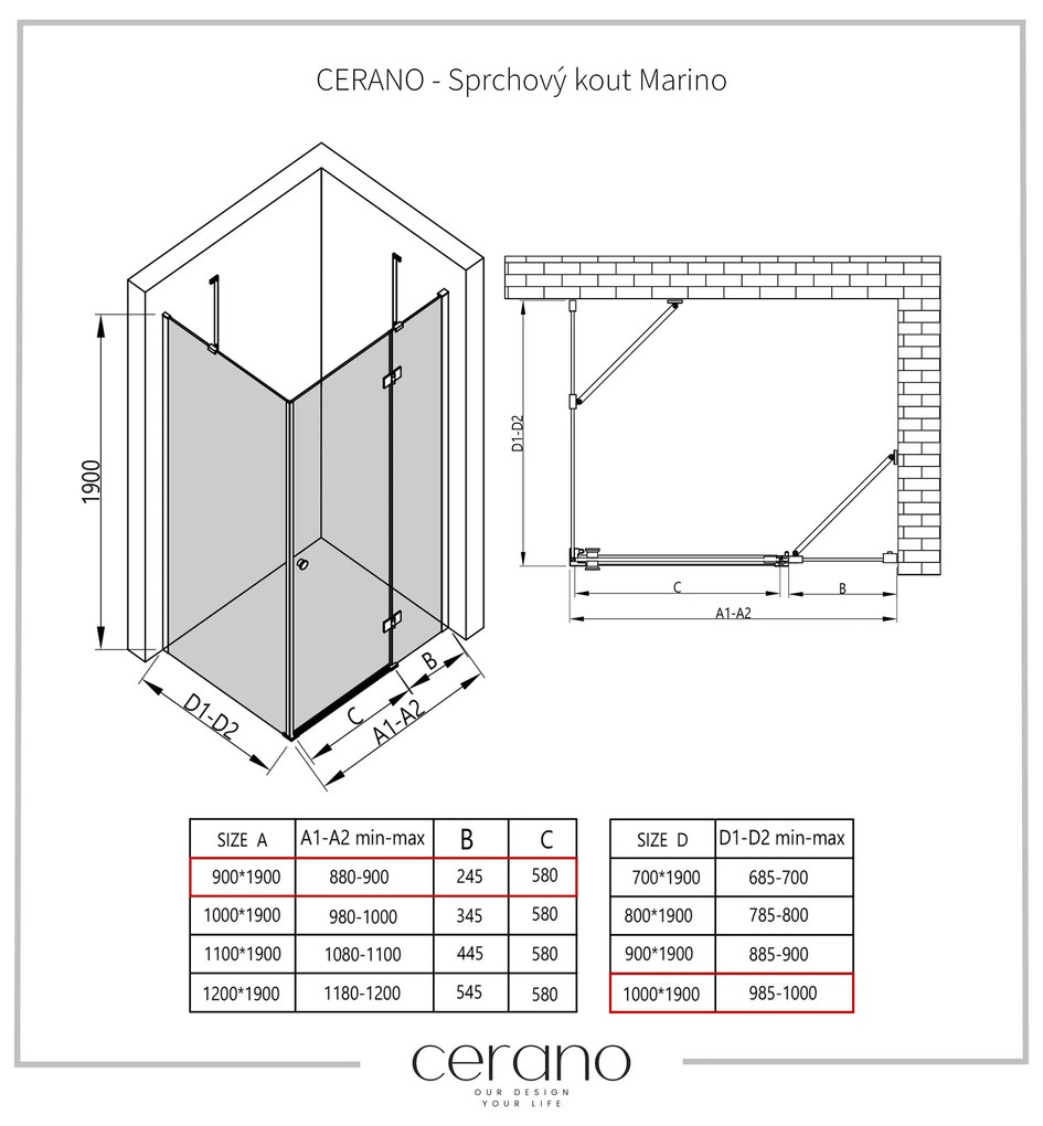 Cerano Marino, sprchovací kút 90(dvere) x 100(stena) x 190 cm, 6mm číre sklo, čierny profil, CER-CER-422865