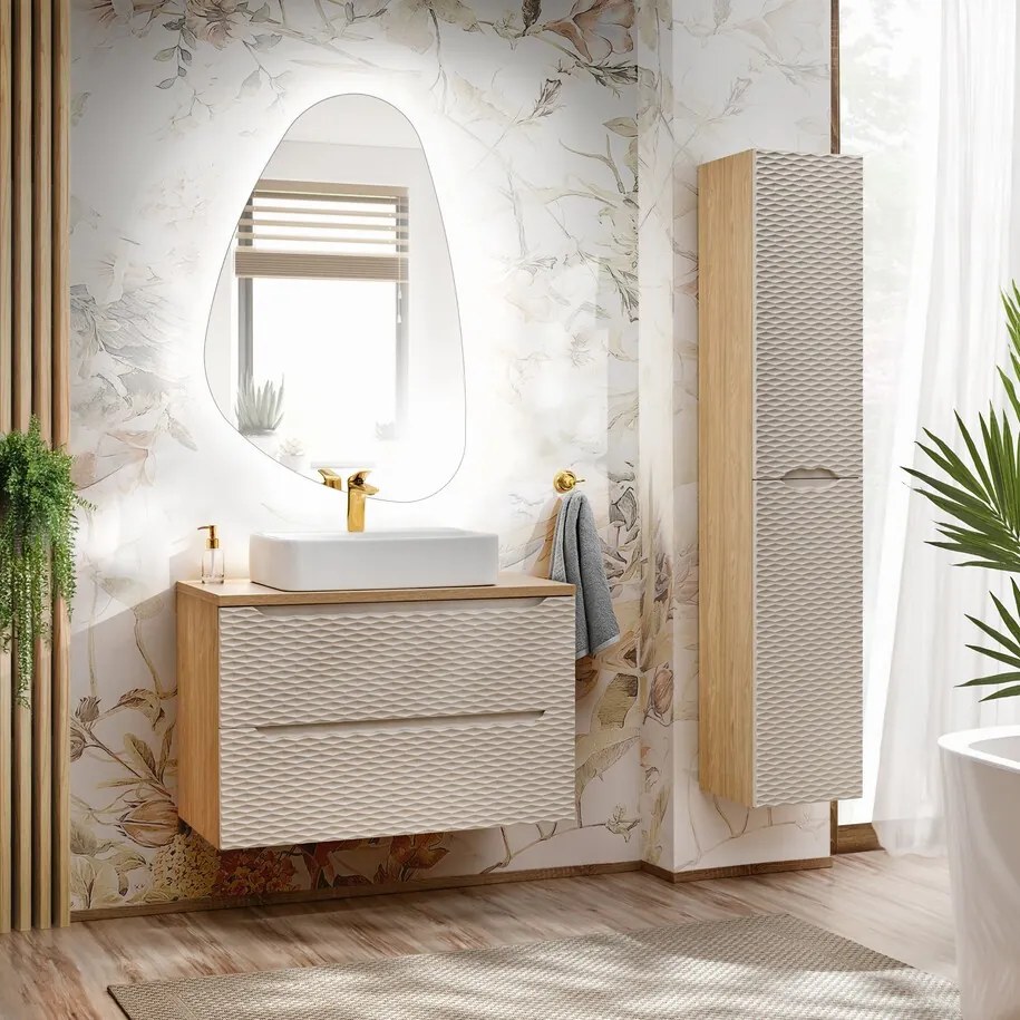 Vysoká závesná kúpeľňová skrinka Ocean 2D dub olejovaný/béžová