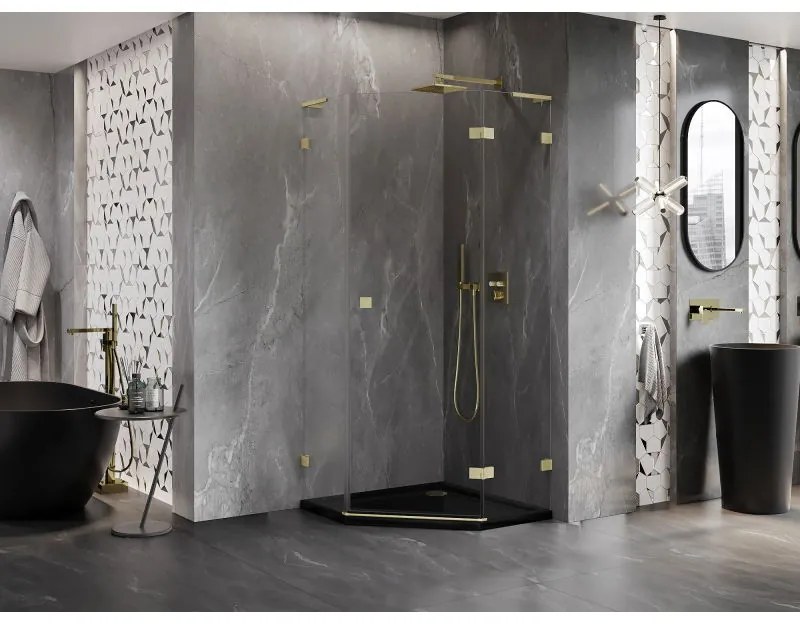 Mexen Lunar, L pravý výklopný päťuholníkový sprchový kút 100x100 cm, 8mm číre sklo, zlatý matný profil, 831L-100P-100L-55-00-P