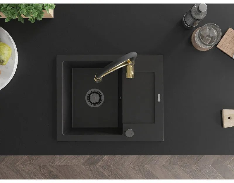 Mexen Enzo, 1-komorový granitový drez 576x465x174 mm a drezová batéria Aster, čierna, 6506-77-73450-57-B