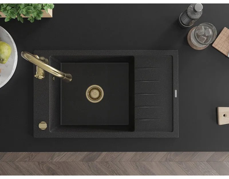 Mexen Elias, 1-komorový granitový drez 795x480x200 mm a drezová batéria Savita, čierna-strieborná metalíza, 6511-73-672601-50