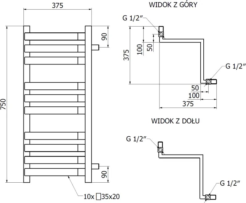 Mexen Loop, kúpeľňový radiátor 750 x 375 mm, 413 W, čierna, W129-0750-350-00-70