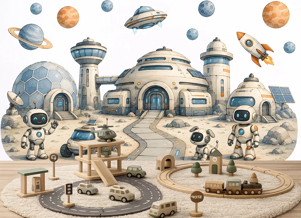 Základňa robotov nálepky na stenu s vesmírnou tematikou hárok 75 x 33 cm