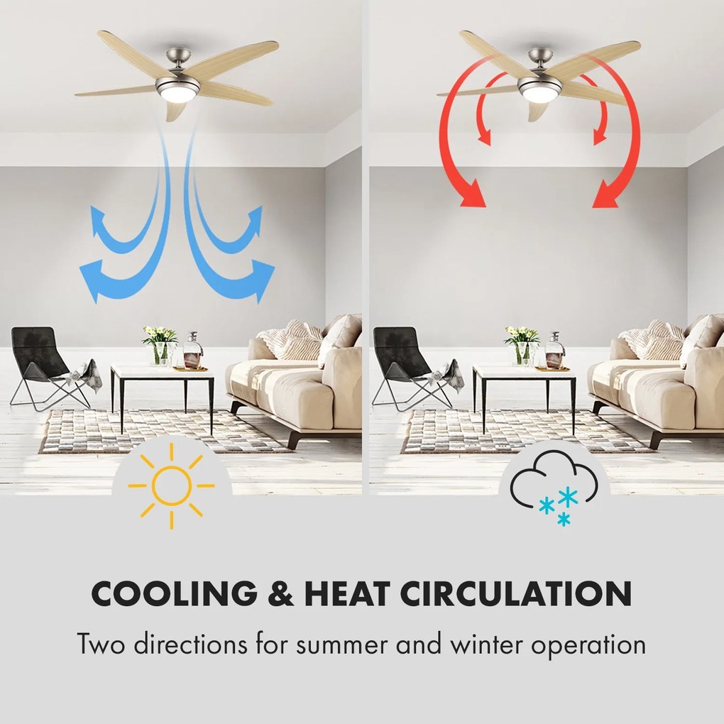 Klarstein Bolero, stropný ventilátor so svietidlom, 55 W, 134 cm, diaľkový ovládač, javorové ramená