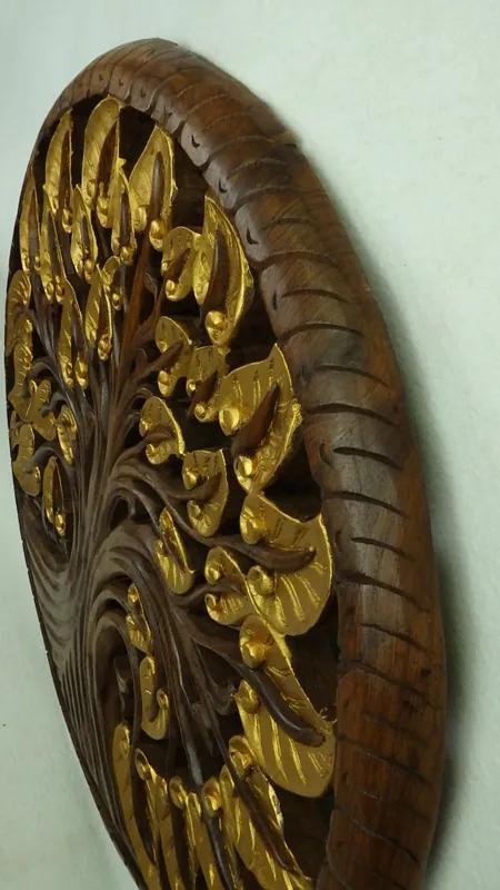 Dekorácia na stenu Strom života zlatý, 90 cm, teakové drevo, ručná práca