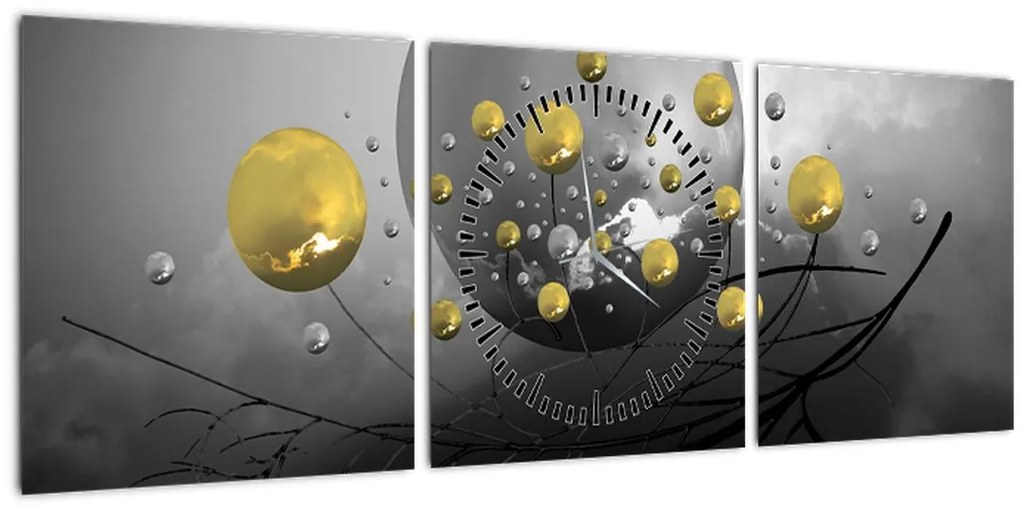 Obraz zlatých abstraktných gulí (s hodinami) (90x30 cm)