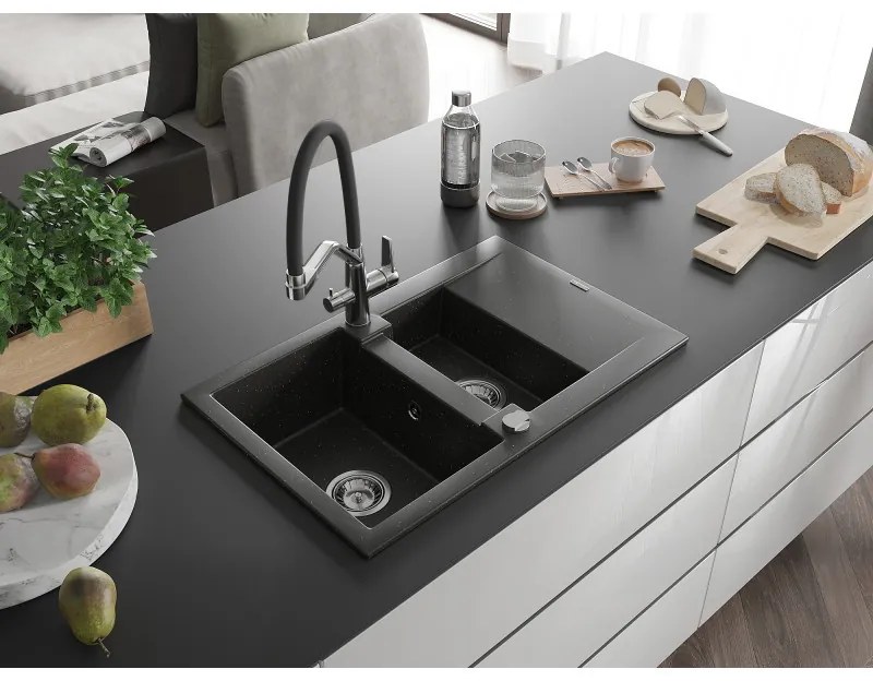 Mexen Gaspar, granitový drez 737x475x177 mm, 1,5-komorový a drezová batéria Duo, čierna-zlatá metalíza, 6507-75-671701-07