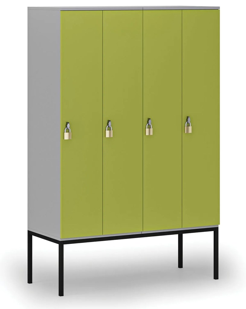 Drevená šatníková skrinka S4 s podnožou, 4 oddiely, 1871 x 1200 x 500 mm, demont, otočný zámok, sivá/zelená