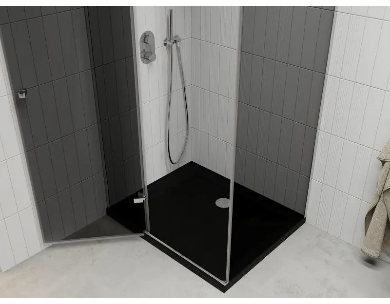 Mexen Roma, sprchový kút s krídlovými dverami 90 (dvere) x 100 (stena) cm, 6mm šedé sklo, chrómový profil + slim sprchová vanička čierna + chrómový sifón, 854-090-100-01-40-4070