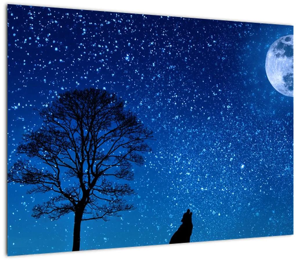 Sklenený obraz vlka vyjúci na mesiac (70x50 cm)