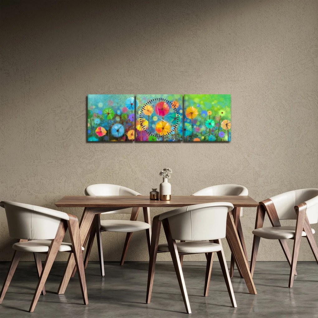Obraz - Abstraktné kvety (s hodinami) (90x30 cm)