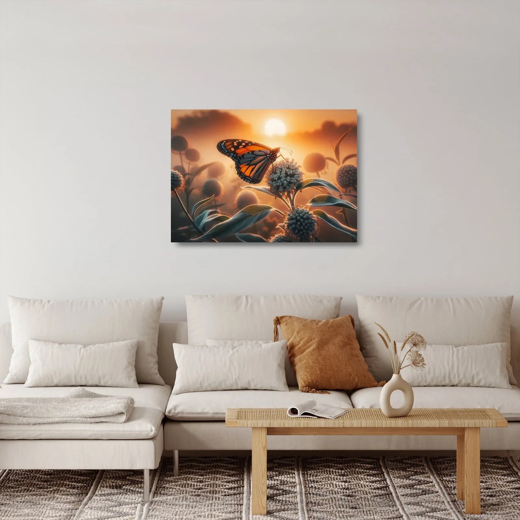 Sklenený obraz – Motýľ v zapadajúcom slnku (70x50 cm)