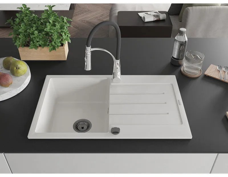 Mexen Bruno, 1-komorový granitový drez 795x495x200 mm a drezová batéria Aster, biela, 6513-20-73450-07-B