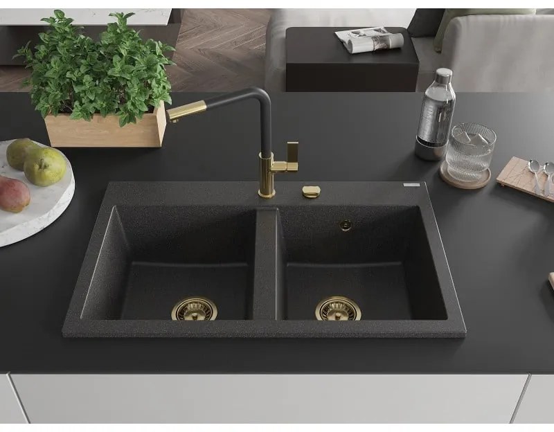 Mexen Hektor, 2-komorový granitový drez 800x480x205 mm, čierna škvrnitá, zlatý sifón, 6521802000-76-G