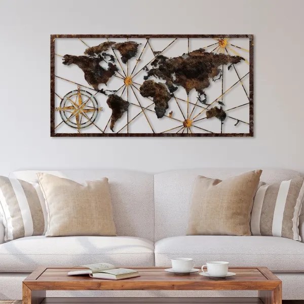 Nástenná dekorácia 120x60 cm mapa sveta kov