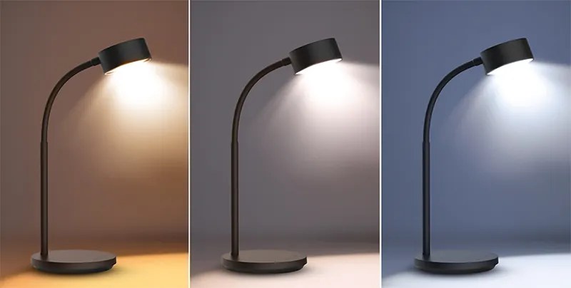 SOLIGHT LED stolná lampička, 4,5 W, 300lm, 3CCT, čierna, podstavec