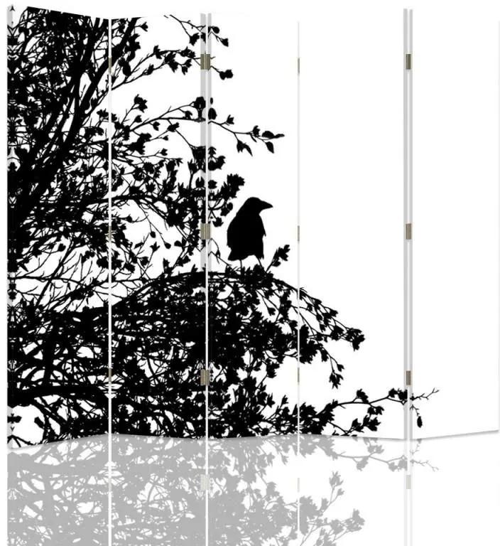 Ozdobný paraván Černobílý pták - 180x170 cm, päťdielny, klasický paraván